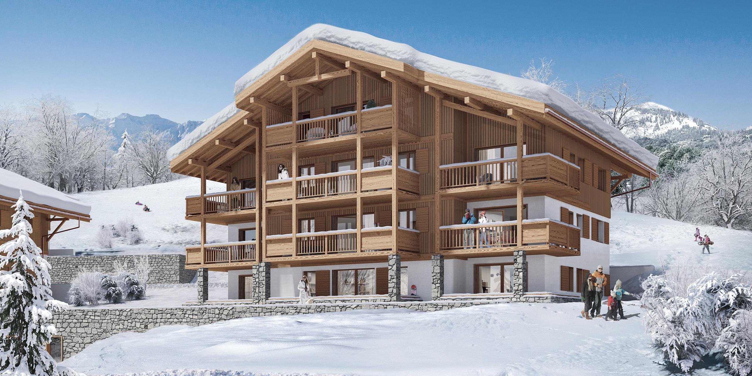 Vue extérieure de la résidence Chalets Bérénice sous la neige