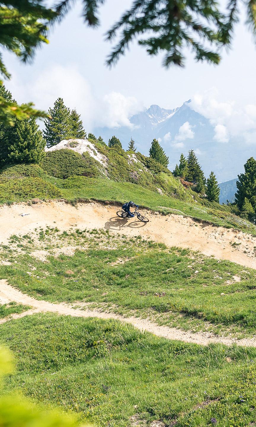 Une personne descend en VTT un sentier du Bikepark de La Plagne 