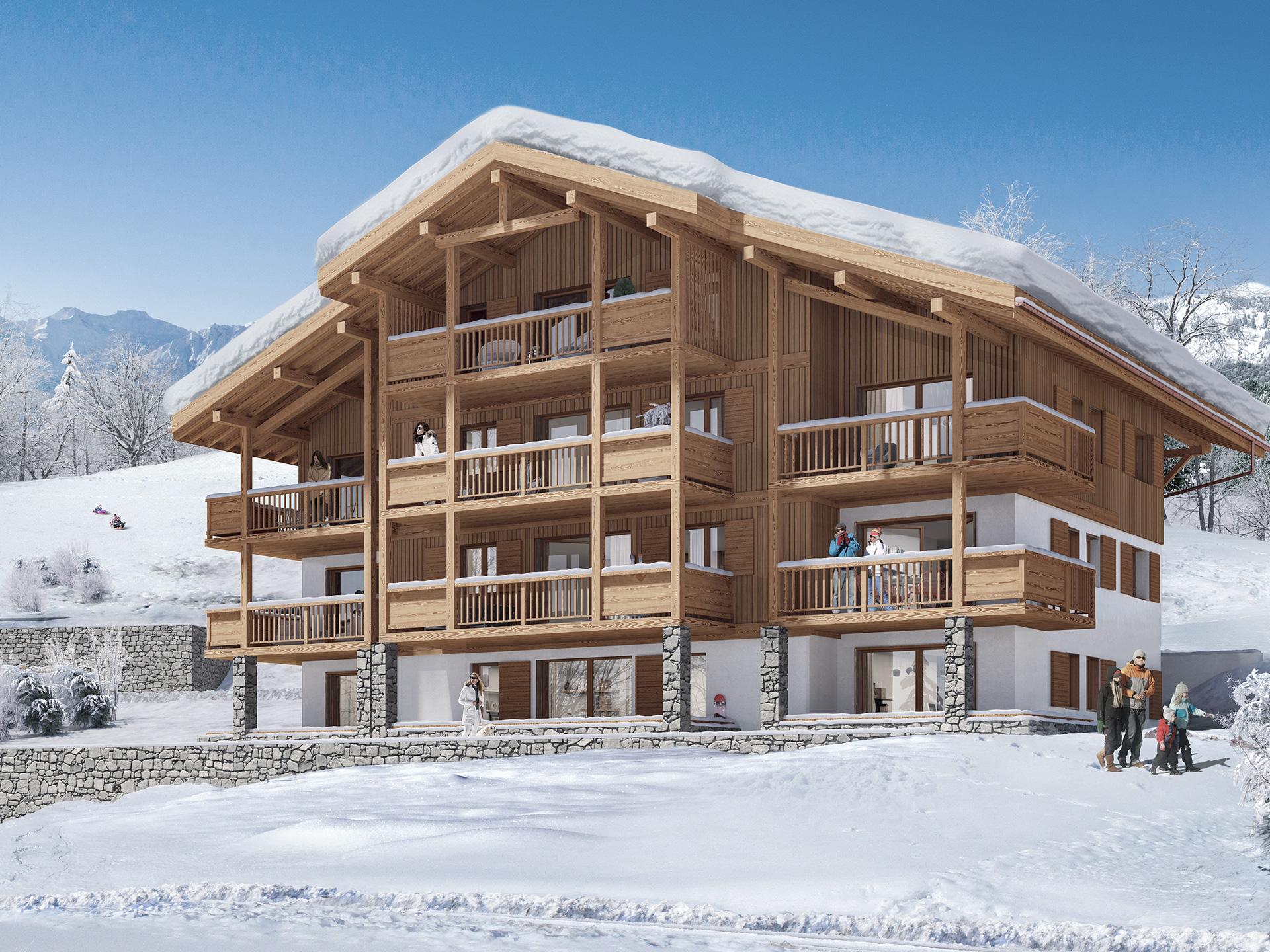 Vue extérieure de la résidence Chalets Bérénice sous la neige