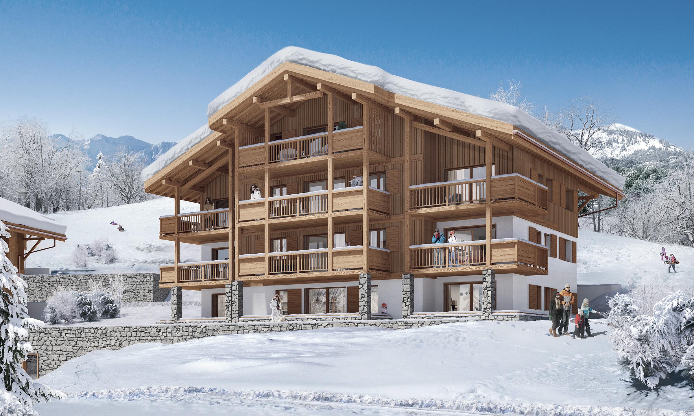 Vue extérieure de la résidence Chalets Bérénice sous la neige