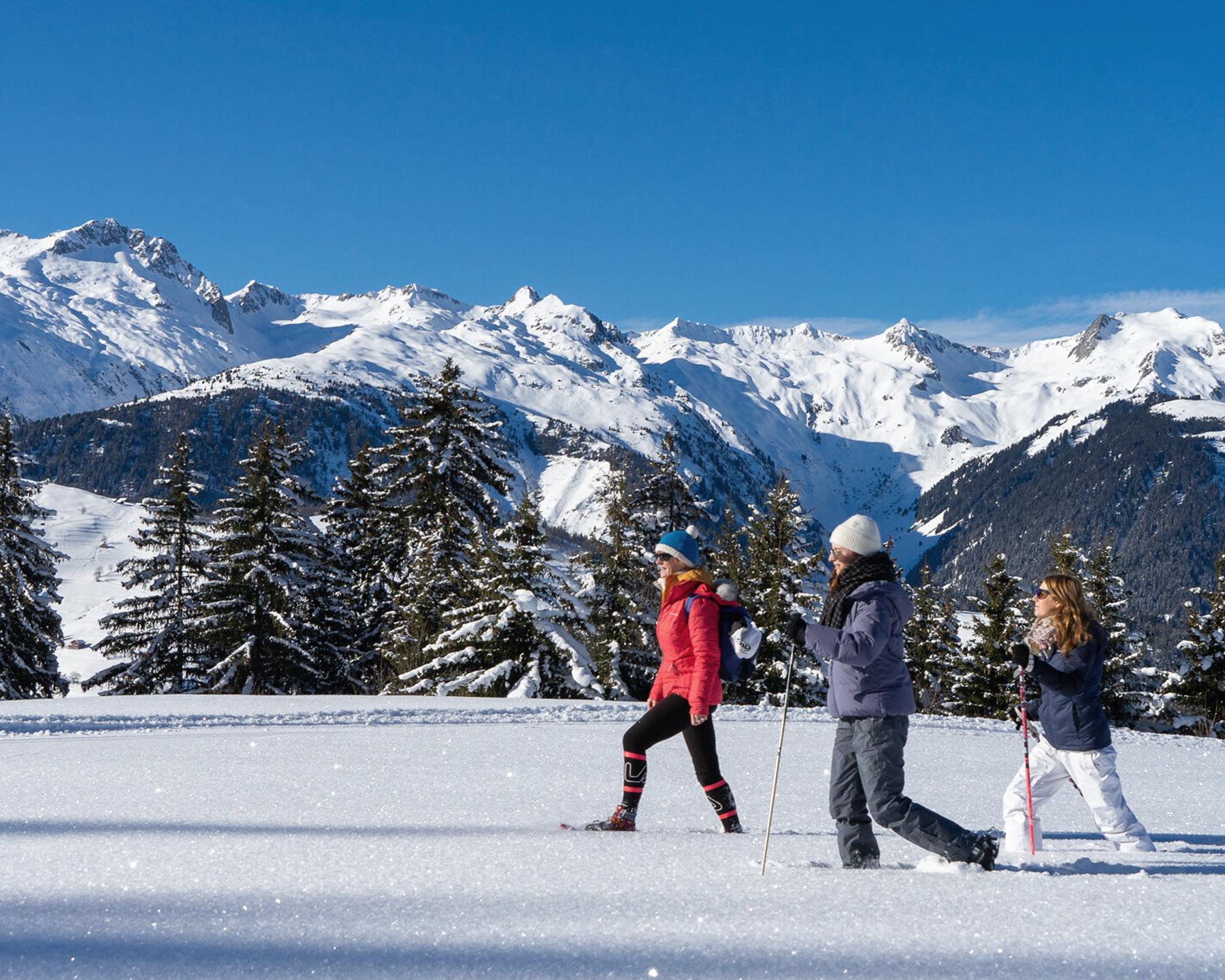 Un groupe de personnes se baladent en raquettes au Grand Domaine en Savoie